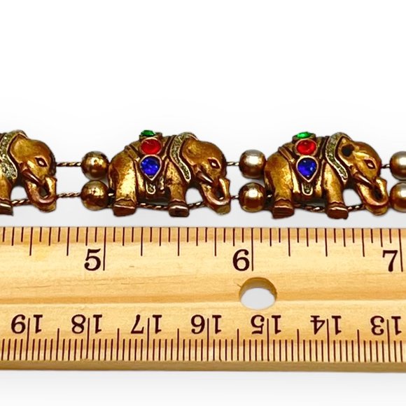 Vintage Brass & Mogul Red/Blue/Green Rhinestone Elephant Charm Slide Bracelet - Picture 9 of 9
